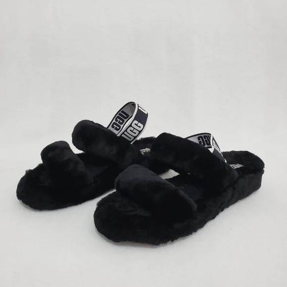 Ugg Oh Yeah Black/White Slingback Fur Slipper Sandals - Picture 3 of 6